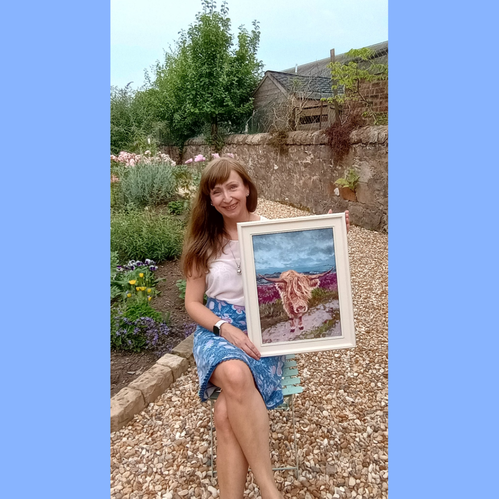 Landscapes by Tess Dunlop - Edinburgh Pentlands brought to life in oils - Artist Tess Dunlop holding the framed painting