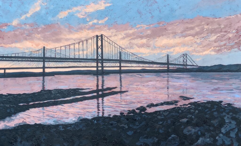 A painting of the old and new forth road bridges at sunset